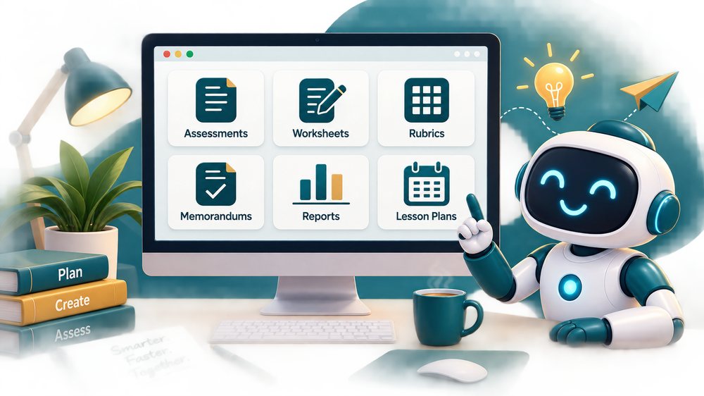 A friendly assistant interface showing assessment, worksheet, rubric, memorandum and lesson-plan tools on screen.