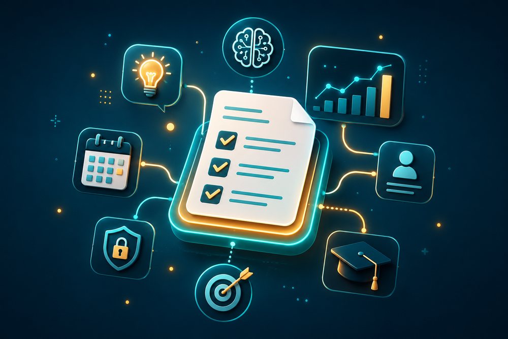 An abstract illustration connecting assessment quality, curriculum alignment, growth and trust.