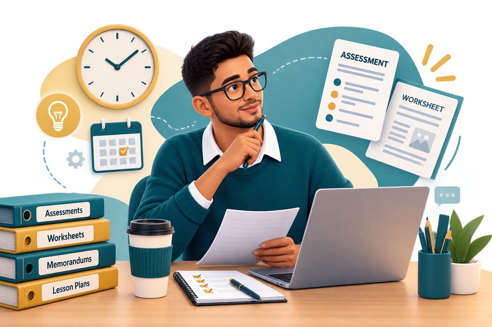 An educator at a desk surrounded by assessment, worksheet and memorandum folders, thinking through a stack of grading work.